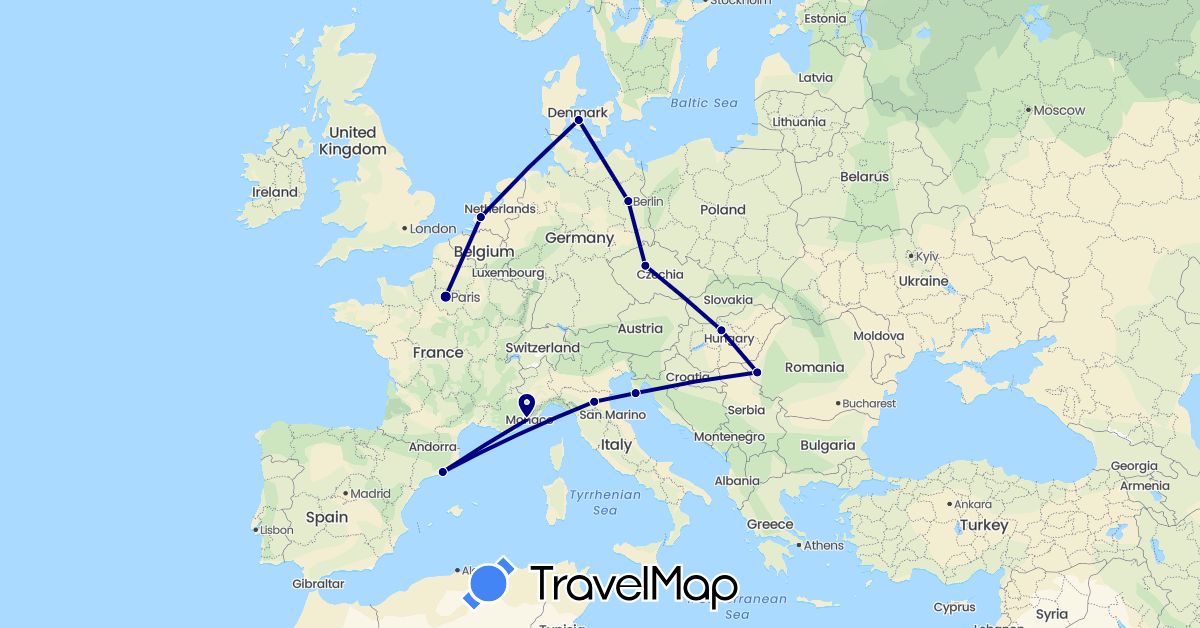 TravelMap itinerary: driving in Czech Republic, Germany, Denmark, Spain, France, Croatia, Hungary, Italy, Netherlands, Romania (Europe)